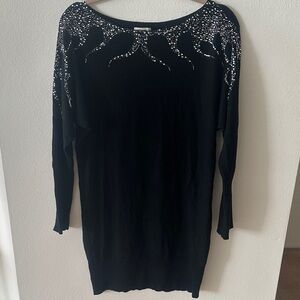 Elegant Black Sweater Dress with Silver Accents Beadings